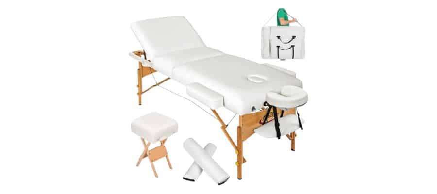 Massagetafel met matras van 10 cm hoog + witte rolkussens, draagtas en hocker